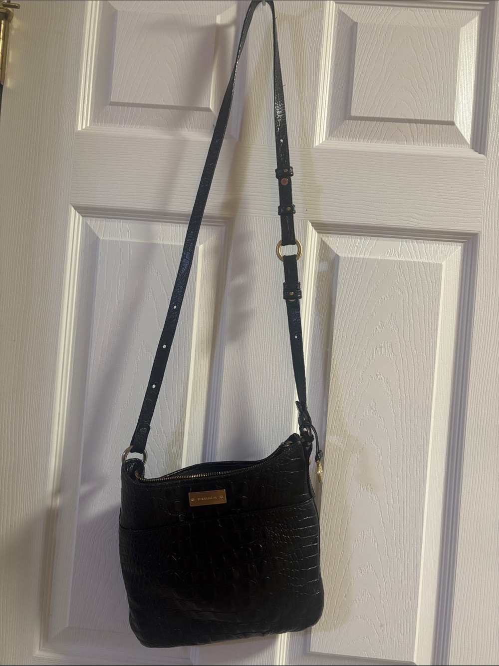 Brahmin Black Croc-Embossed Crossbody Bag with Gold Plate
